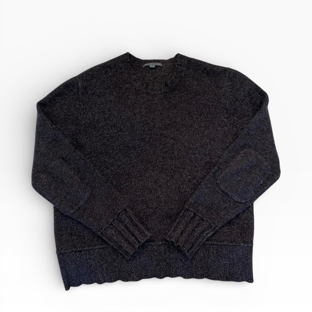 John Varvatos Charcoal Brown Crewneck Cashmere Sweater Elbow patch Quiet Luxury